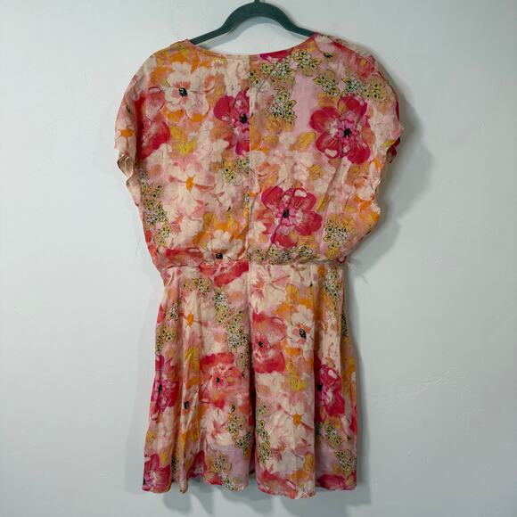 Free People Women's Freddy Mini Dress Pink Orange Floral Medium Flirty V Neck - Picture 8 of 10